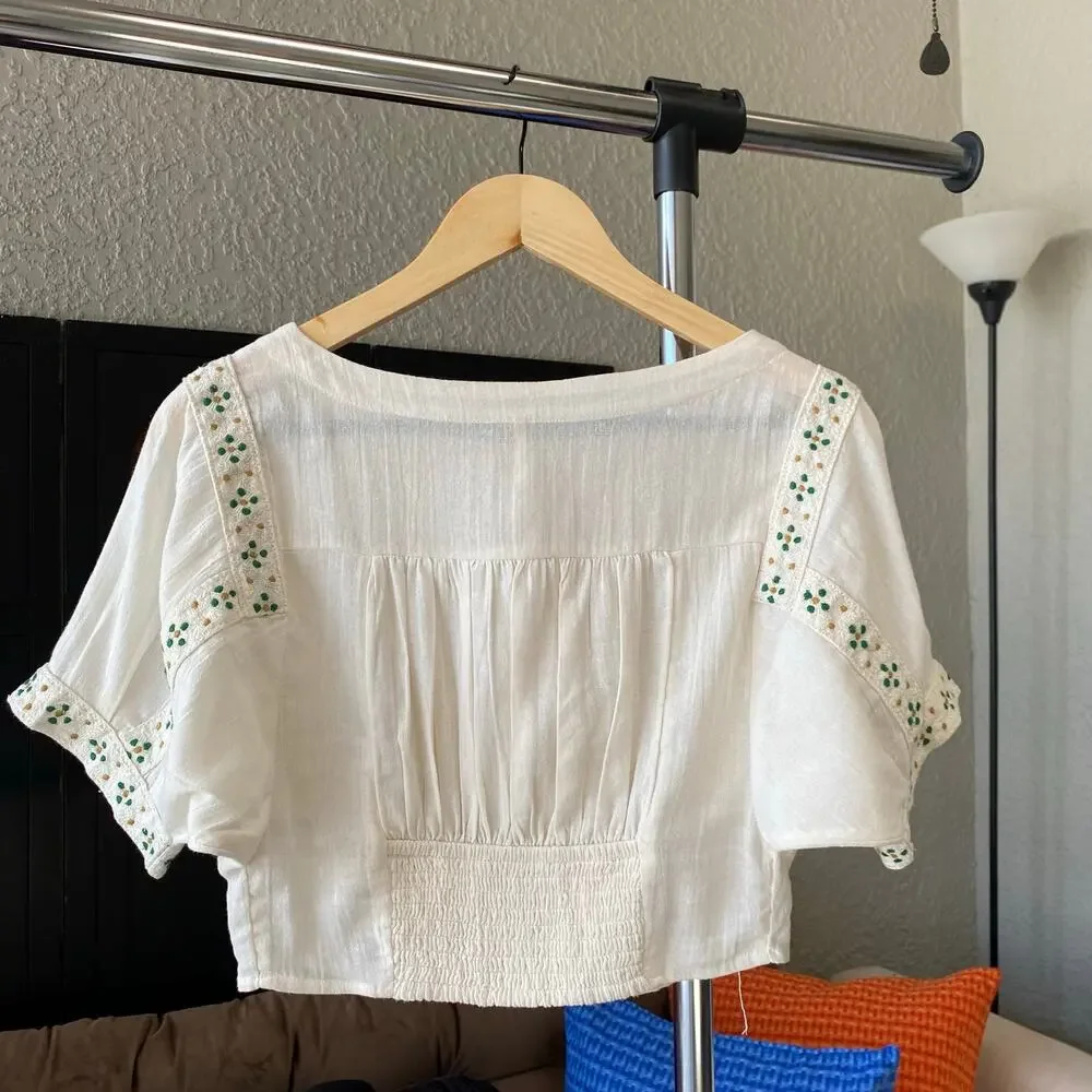 Free People Crop Blouse Button Front Flare Sleeve Ruched Back Boatneck Beige XS